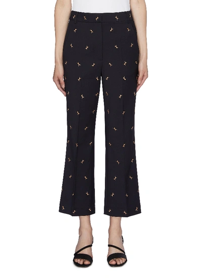 Tibi 'ant' Embroidered Cropped Boot Cut Pants In Dark Navy/ Caramel Multi