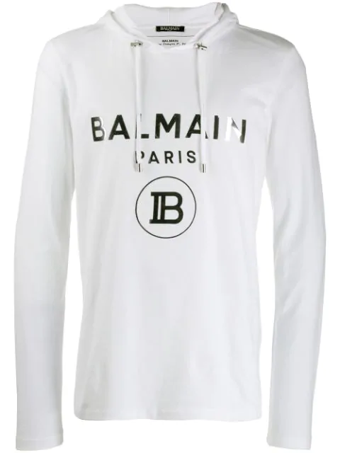 Balmain Logo Print Hooded T-shirt In White | ModeSens