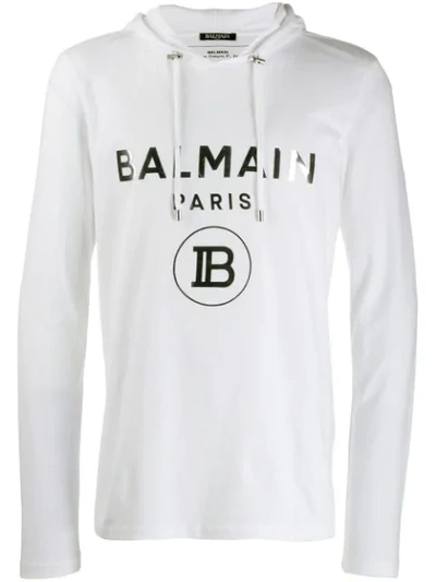 Balmain Logo Print Hooded T-shirt In White