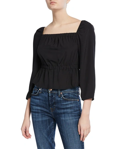 7 For All Mankind Square-neck 3/4-sleeve Peplum Crop Top In Jet Black