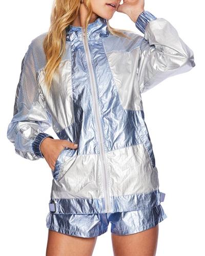 Beach Riot Metallic Zip-front Active Jacket In Silver | ModeSens