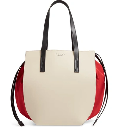 Marni Colorblock Gusset Tote In Antique White/ Red/ Black