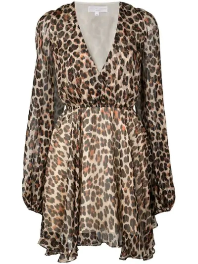 Caroline Constas Olena Leopard Print Silk Long Sleeve Minidress In Brown