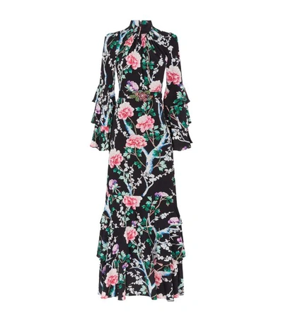 Andrew Gn Tiered Floral-print Silk Maxi Dress In Black