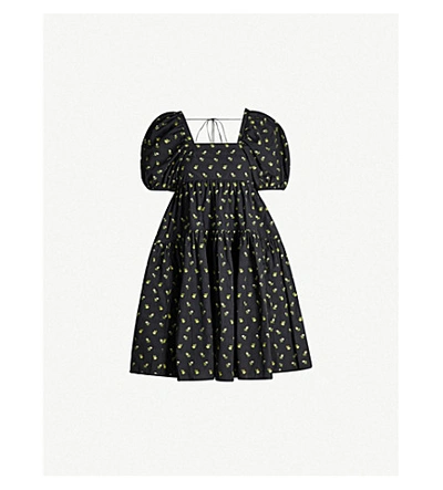 Cecilie Bahnsen Ronja Puff-sleeve Floral-print Cotton Dress In Black/yellow