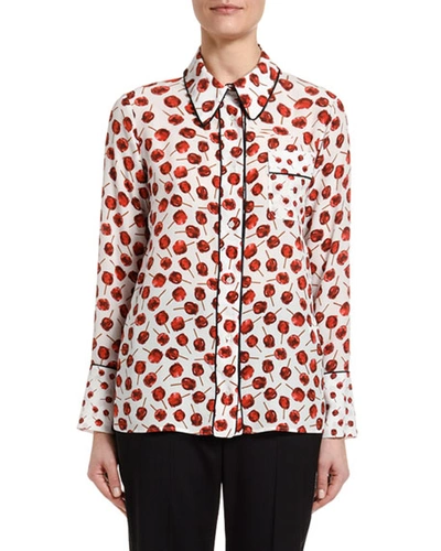 N°21 Printed Long-sleeve Blouse With Embellished Collar In White/red
