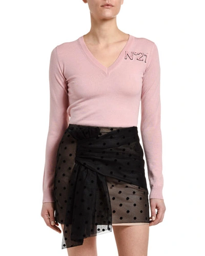 N°21 Long-sleeve V-neck Wool Logo Sweater In Light Pink