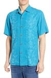 Tommy Bahama Kamari Short-sleeve Classic Fit Silk Jacquard Camp Shirt In Dk Aqua Blue
