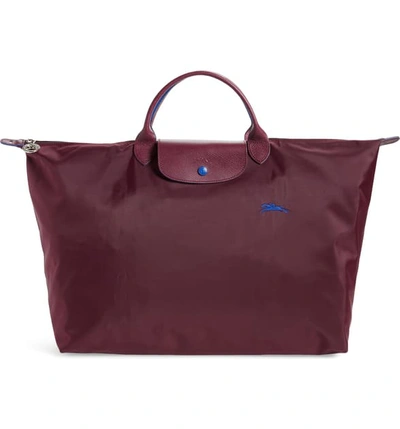 Longchamp Le Pliage Club Large Nylon Travel Bag In Plum/silver