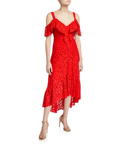 Bcbgmaxazria Lace Cold-shoulder Midi Dress In Scarlet