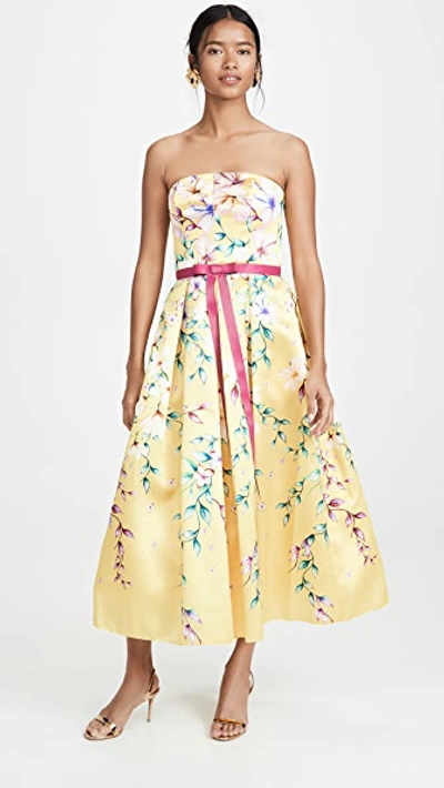 Marchesa Notte Strapless Printed Corseted Gown In Yellow