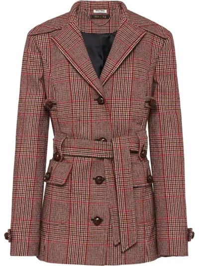 Miu Miu Belted Prince Of Wales Checked Wool-blend Blazer In Multicolor