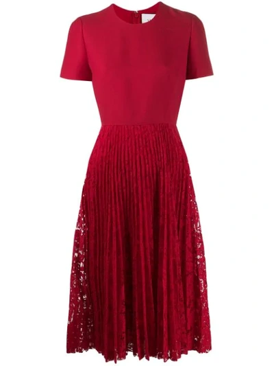 Valentino Women's Short Sleeve Crepe & Lace Pleat Dress In Red