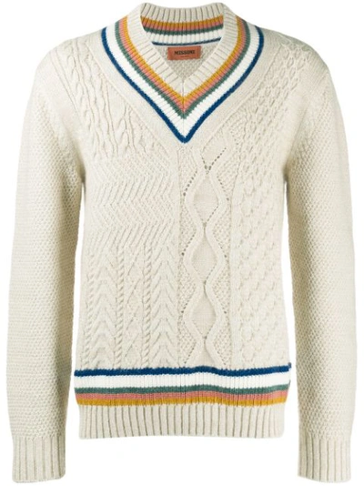 Missoni Striped Cable-knit V-neck Sweater In White