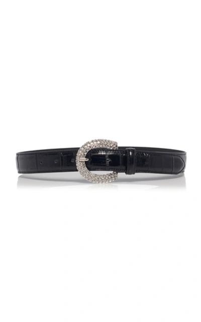 Alessandra Rich 30mm Embossed Leather & Crystal Belt In Black