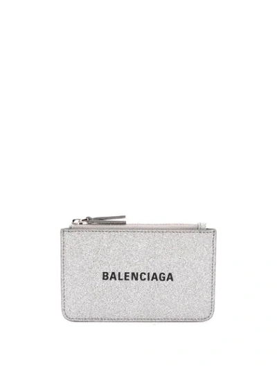 Balenciaga Everyday Glittered Leather Card Holder In Silver