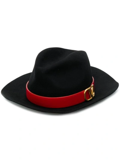 Valentino Garavani Vlogo Leather Piping Fedora Hat In Black