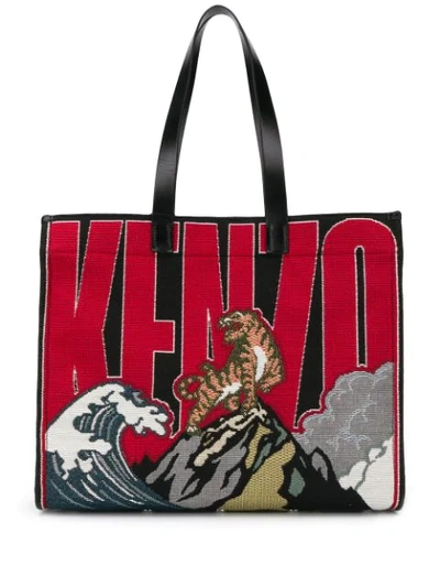 Kenzo Logo Techno Jacquard & Leather Tote In Multicolore