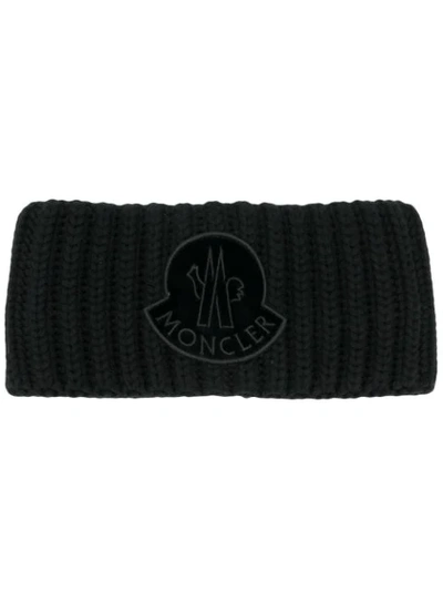 Moncler Wool Rib Knit Headband W/ Velvet Patch In Black