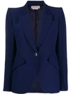 Alexander Mcqueen Leaf Crepe Single Breast Blazer Jacket In Blue