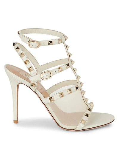 Valentino Garavani 105mm Rockstud Leather & Mesh Sandals In White