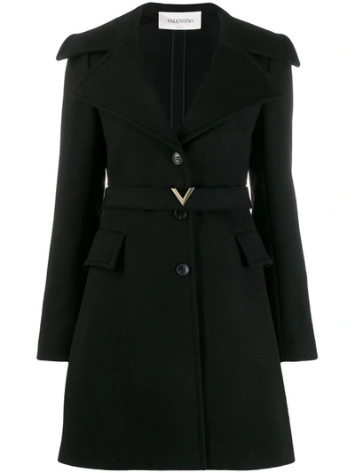 Valentino Wool & Cashmere Coat W/ V Belt In Black