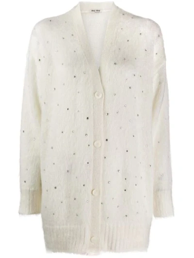 Miu Miu Oversize Mohair Knit Cardigan W/crystals In White
