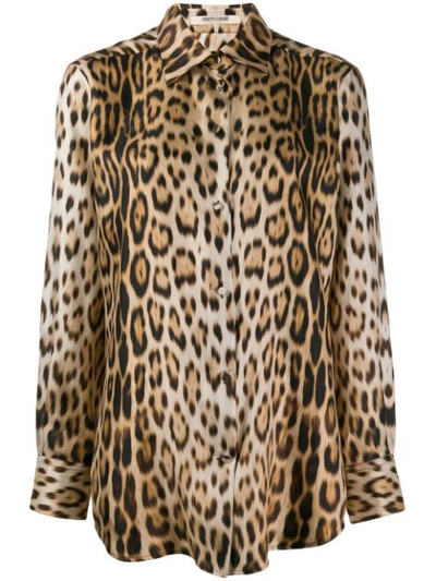 Roberto Cavalli Leopard Print Silk Twill Shirt In Neutrals