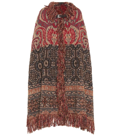 Etro Fringed Wool Blend Jacquard Knit Cape In Brown