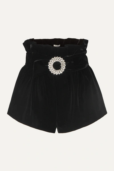 Miu Miu Velvet Shorts W/ Crystal Buckle In Black