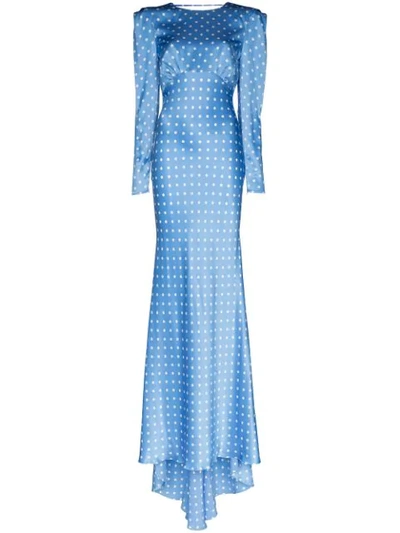 Alessandra Rich Long Polka Dot Flared Satin Dress In Blue