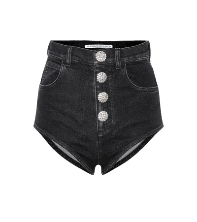 Alessandra Rich Cotton Denim Shorts W/crystals Button In Black