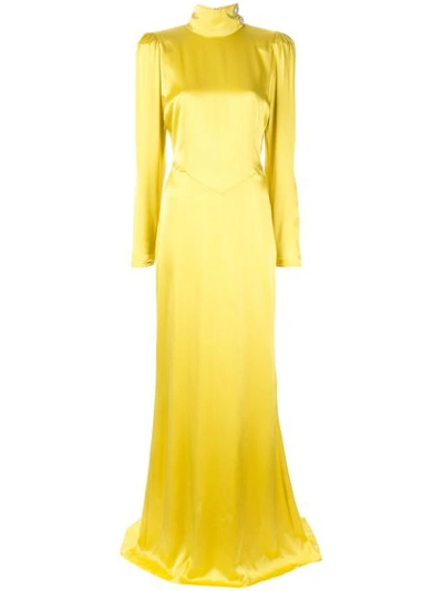Alessandra Rich Long Embellished Satin Turtleneck Dress In Yellow