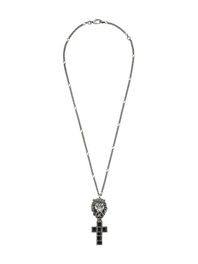 Gucci Lion Head & Crucifix Enameled Necklace In Silver