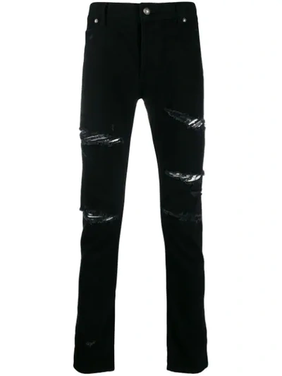 Balmain 15cm Slim Distressed Cotton Denim Jeans In Black