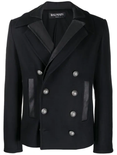 Balmain Double Collar Pea Coat W/leather Details In Blue