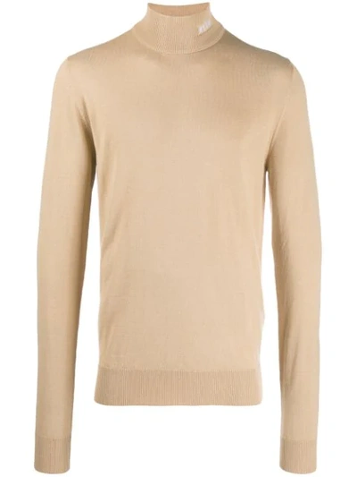Msgm Embroidered Wool Blend Knit Turtleneck In Brown