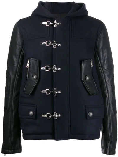 Balmain Virgin Wool Blend & Leather Biker Coat In Blue