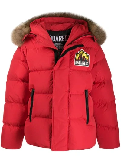 Dsquared2 Logo Patch Down Jacket W/ Fur Hood In Red