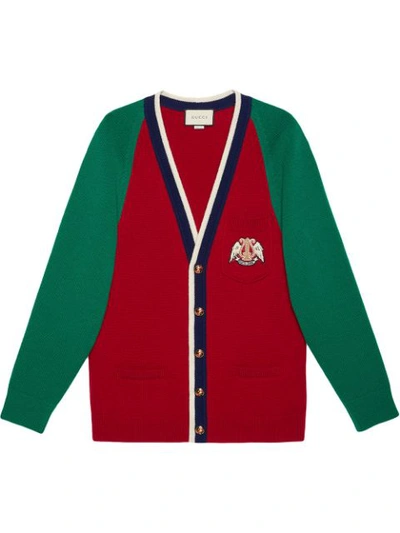 Gucci V-neck Wool Knit Cardigan W/ Patch In 6066 Red