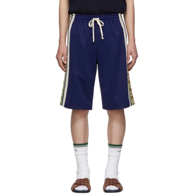 Gucci Cotton Blend Jersey Shorts W/ Logo Tape In 4420 Blue