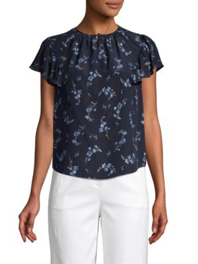 Rebecca Taylor Floral Flutter-sleeve Silk Top In Navy Combo