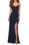La Femme Ruched Jersey Trumpet Gown In Navy