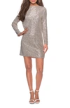 La Femme Sequin High-neck Long-sleeve T-shirt Style Cocktail Dress In Grey