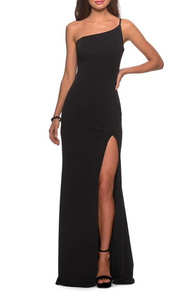 La Femme One-shoulder Jersey Column Gown With Skirt Slit In Black