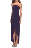 La Femme Strapless Ruched Soft Jersey Gown In Dark Purple