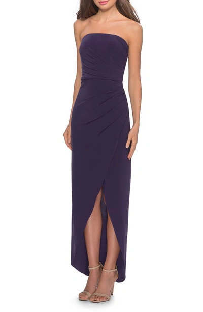 La Femme Strapless Ruched Soft Jersey Gown In Dark Purple