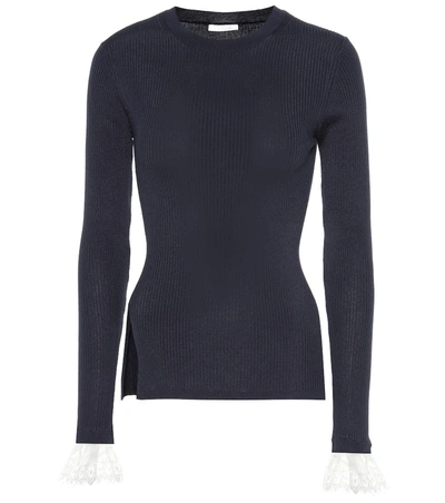 Chloé Organza-trimmed Ribbed-knit Sweater In Navy