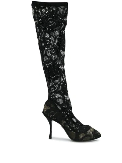 Dolce & Gabbana Sheer Lace Boots In Black