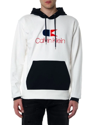Calvin Klein Blue And White Cotton Sweatshirt With Hood And Logo Print In Navy/white/red